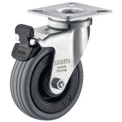 Gummihjul Ø75mm 60 kg. Roterende med plate, med brems